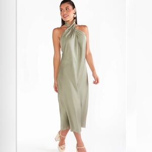 Show Me Your Mumu Luxe Satin Moss Green Midi Halter Dress. Never worn with tags